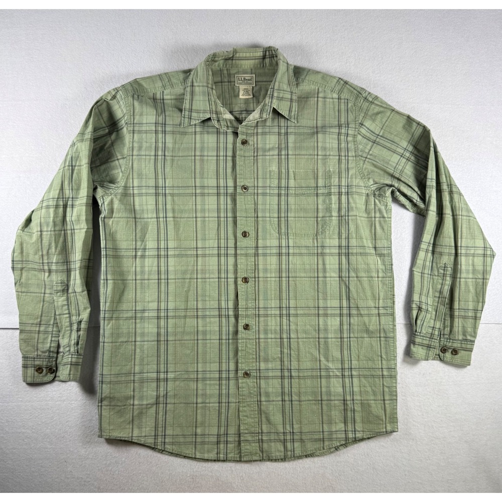 LL Bean Mens Medium Regular Green Plaid Long Sleeve Cotton Button Down Shirt